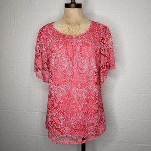 Kate & Mallory Lace Overlay Red/Orange Top Large